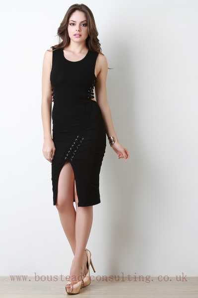 Black Lattice Side Vent Slit Midi Dress 3603814829 95% Cotton, 5% Spandex.